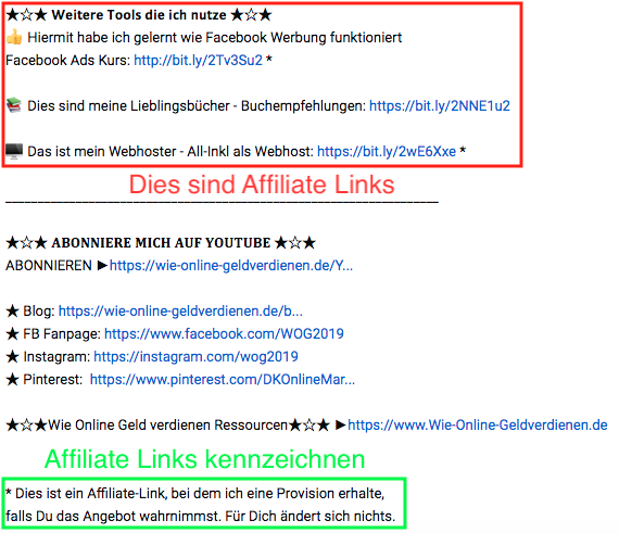 Wie-Online-Geldverdienen.de, Affiliate Marketing ohne Webseite mit YouTube, YouTube Affiliate Links einfügen und markieren
