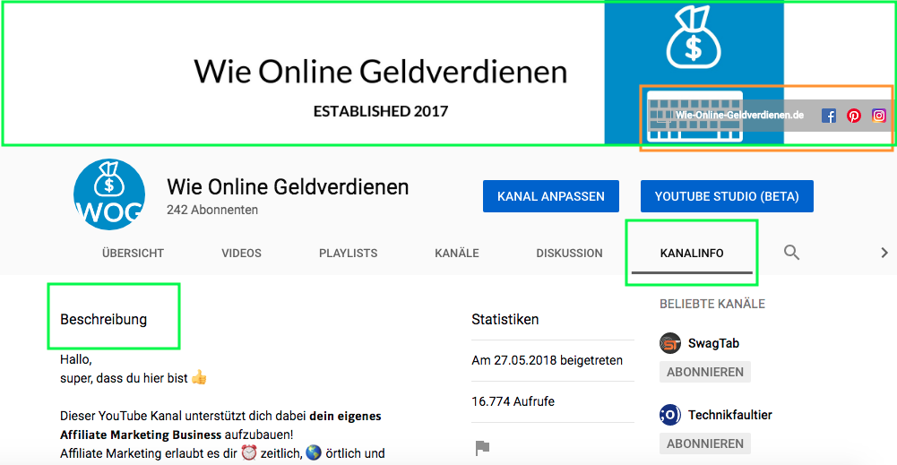 Wie-Online-Geldverdienen.de, Affiliate Marketing ohne Webseite mit YouTube, Neuen YouTube Kanal Info erstellen